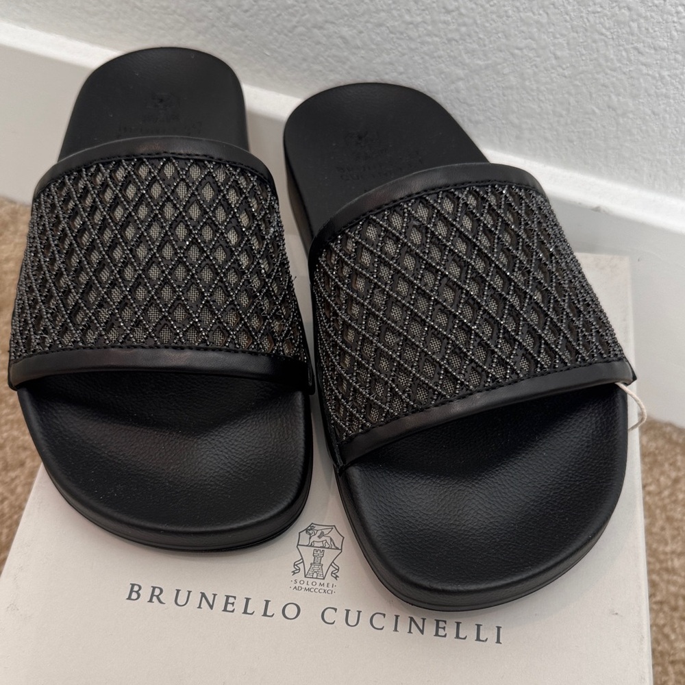 Brunello Cucinelli Black Mesh Slide Sandals